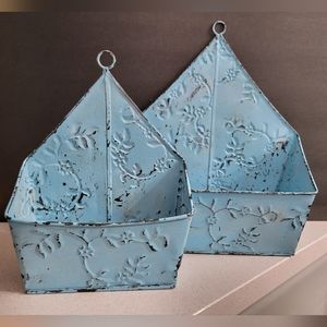 Set of 2 Embossed Metal Wall Planter Baskets wall pocket, Sky Blue, 11" and 8.5"
